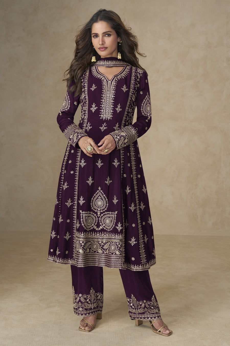 Purple Chinon Silk Plazo Suit For Indian & Pakistani Wedding Festival - Sequins & Thread Embroidery Work