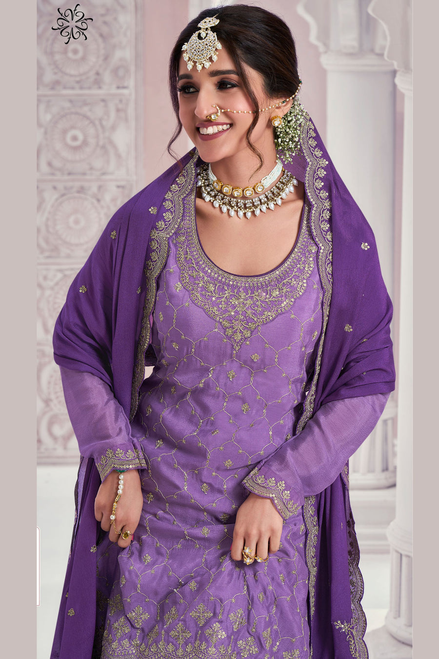 Purple Chinon Silk Plazo Suit For Indian & Pakistani Wedding Festival - Thread & Sequence Embroidery Work