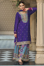 Purple Chinon Silk Plazo Suit For Indian & Pakistani Wedding Festival - Embroidery Work