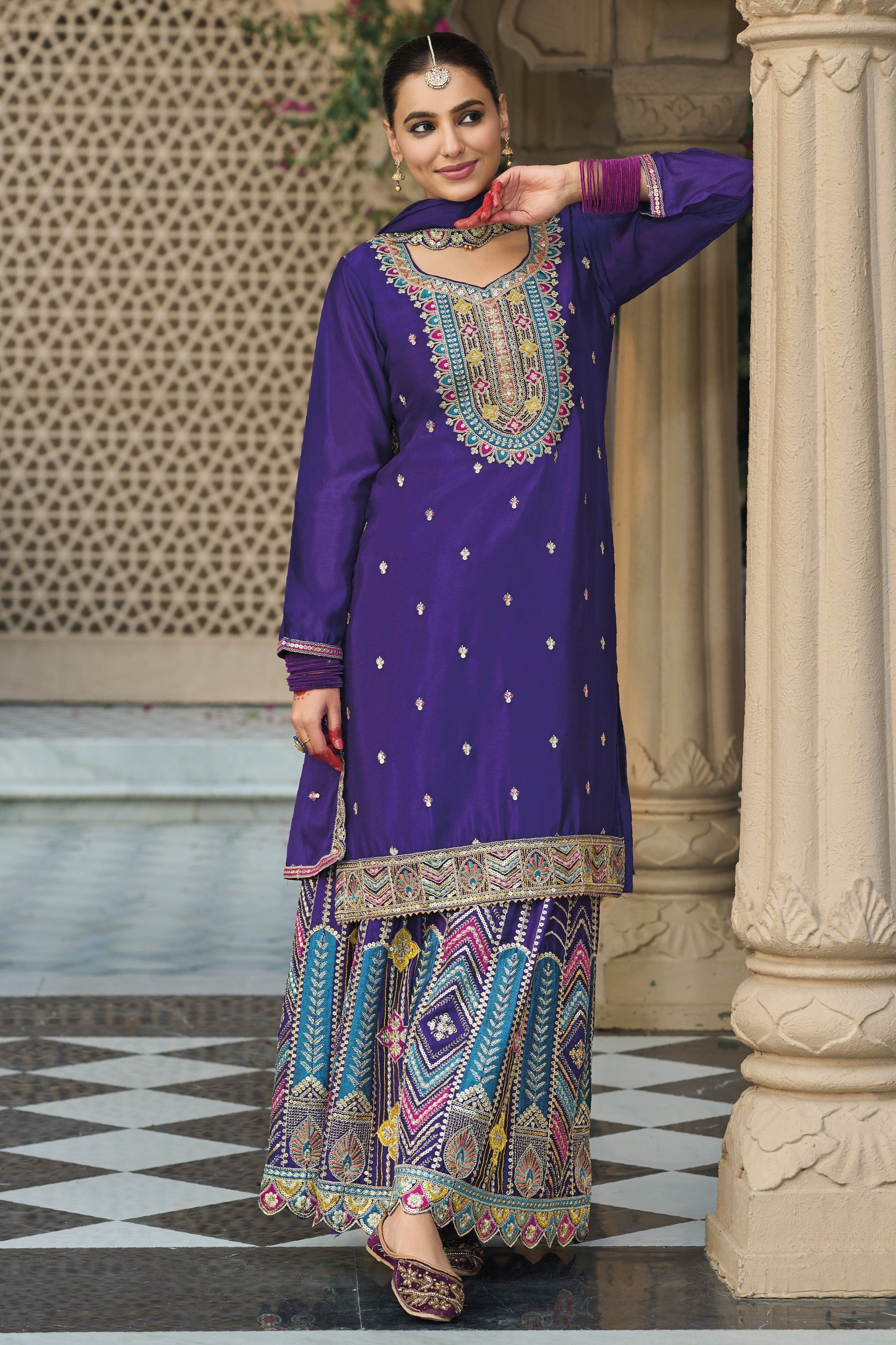 Purple Chinon Silk Plazo Suit For Indian & Pakistani Wedding Festival - Embroidery Work
