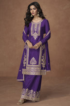 Purple Chinon Silk Plazo Suit For Indian & Pakistani Wedding Festival - Embroidery Work