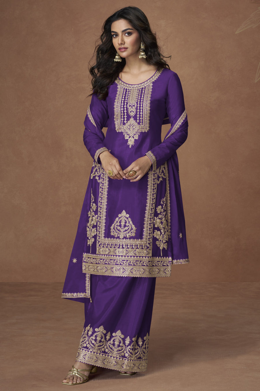 Purple Chinon Silk Plazo Suit For Indian & Pakistani Wedding Festival - Embroidery Work