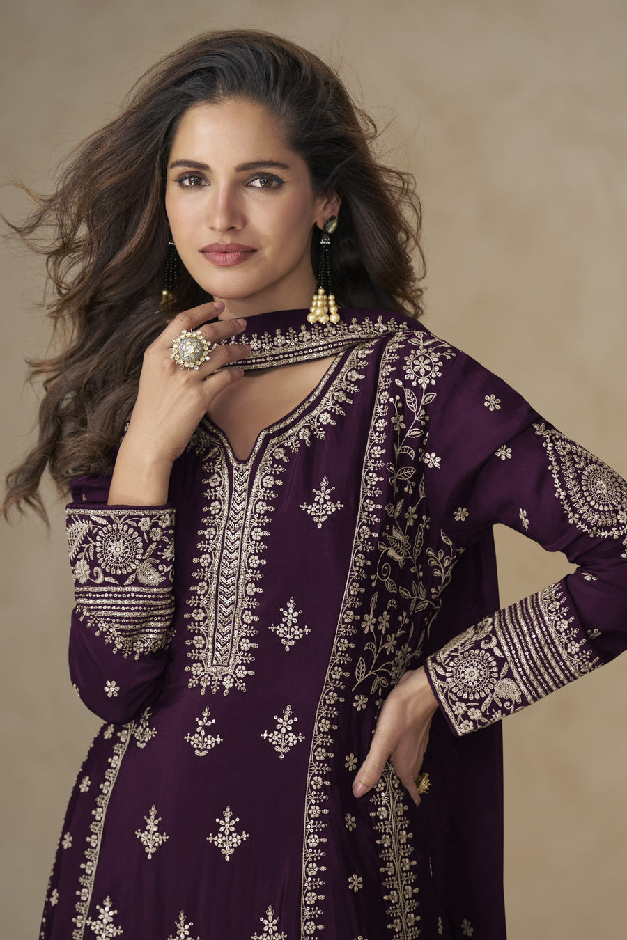 Purple Chinon Silk Plazo Suit For Indian & Pakistani Wedding Festival - Sequins & Thread Embroidery Work