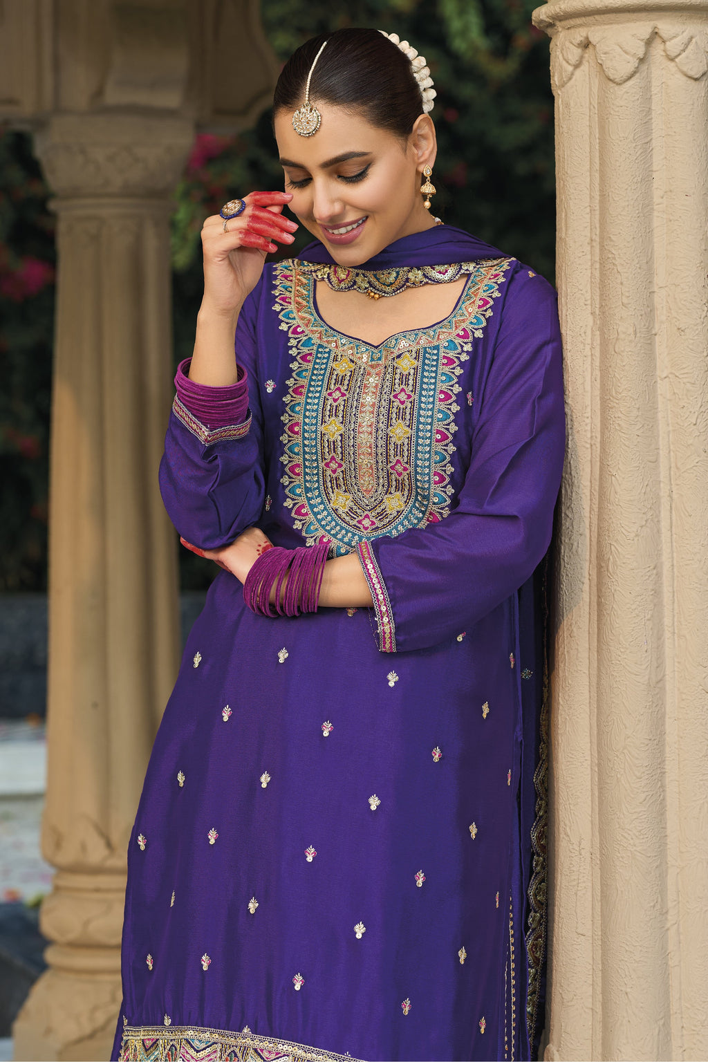Purple Chinon Silk Plazo Suit For Indian & Pakistani Wedding Festival - Embroidery Work