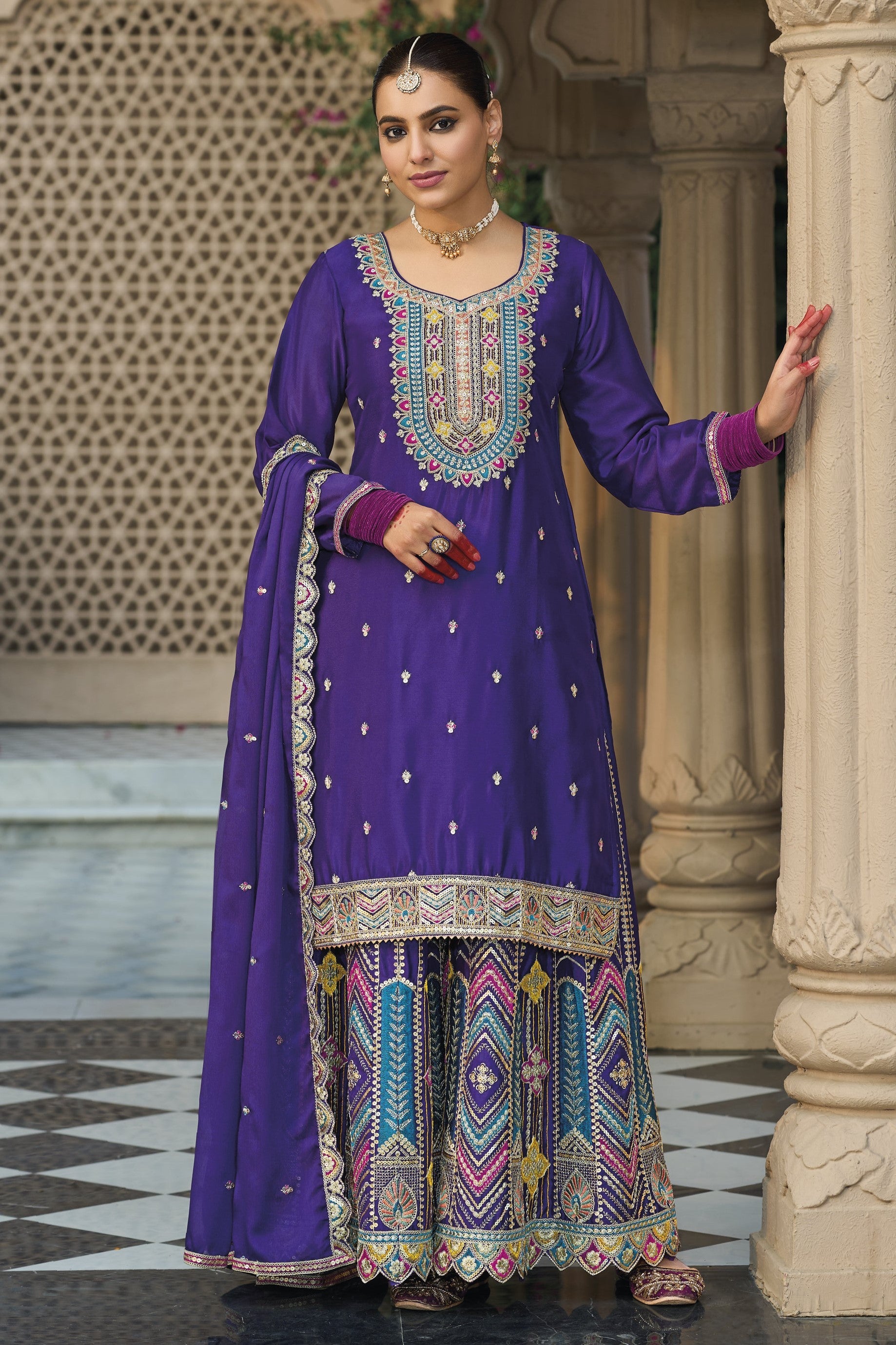 Purple Chinon Silk Plazo Suit For Indian & Pakistani Wedding Festival - Embroidery Work
