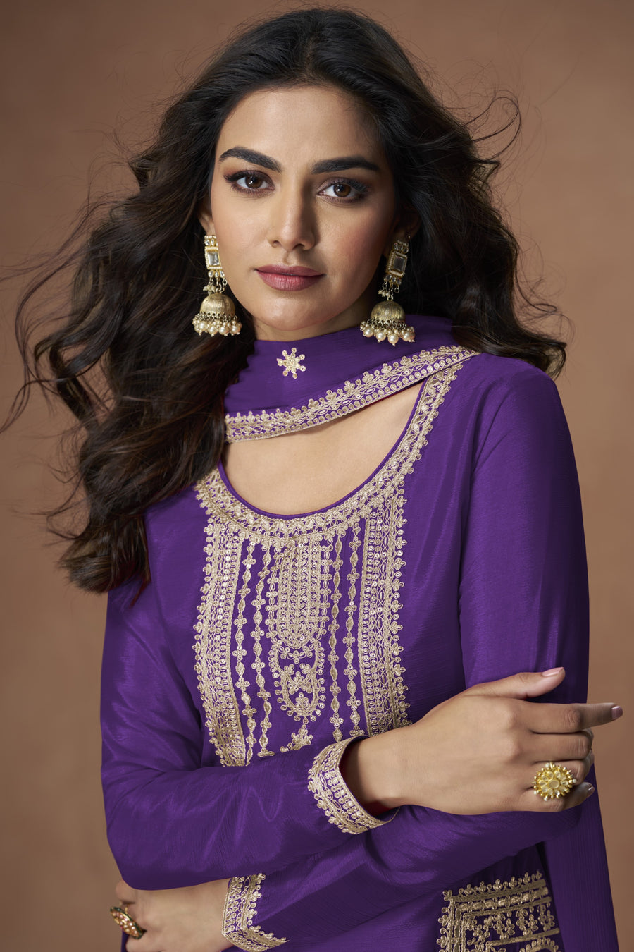 Purple Chinon Silk Plazo Suit For Indian & Pakistani Wedding Festival - Embroidery Work
