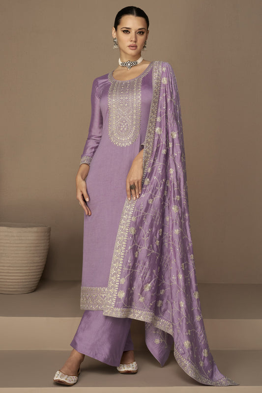 Purple Chinon Silk Plus Size Upto 5XL Size Kameez Pant Suit For Indian Festivals & Weddings - Thread Embroidery Work,