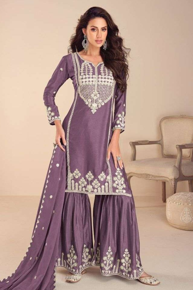 Purple Chinon Silk Sharara Suit For Indian & Pakistani Wedding Festival - Embroidery Work, Khatli Work