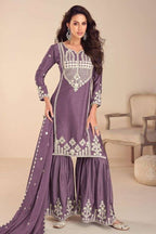 Purple Chinon Silk Sharara Suit For Indian & Pakistani Wedding Festival - Embroidery Work, Khatli Work