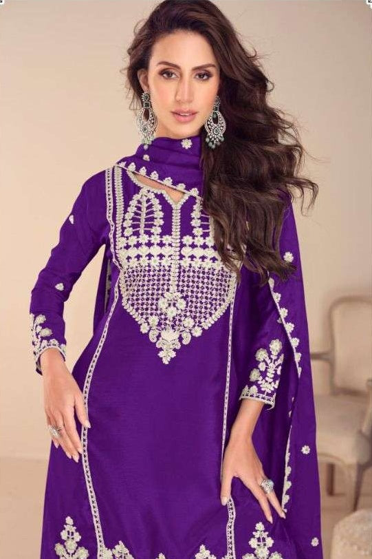 Purple Chinon Silk Sharara Suit For Indian & Pakistani Wedding Festival - Embroidery Work, Khatli Work