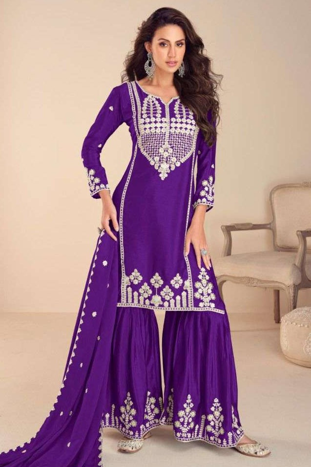 Purple Chinon Silk Sharara Suit For Indian & Pakistani Wedding Festival - Embroidery Work, Khatli Work