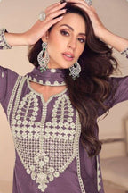 Purple Chinon Silk Sharara Suit For Indian & Pakistani Wedding Festival - Embroidery Work, Khatli Work