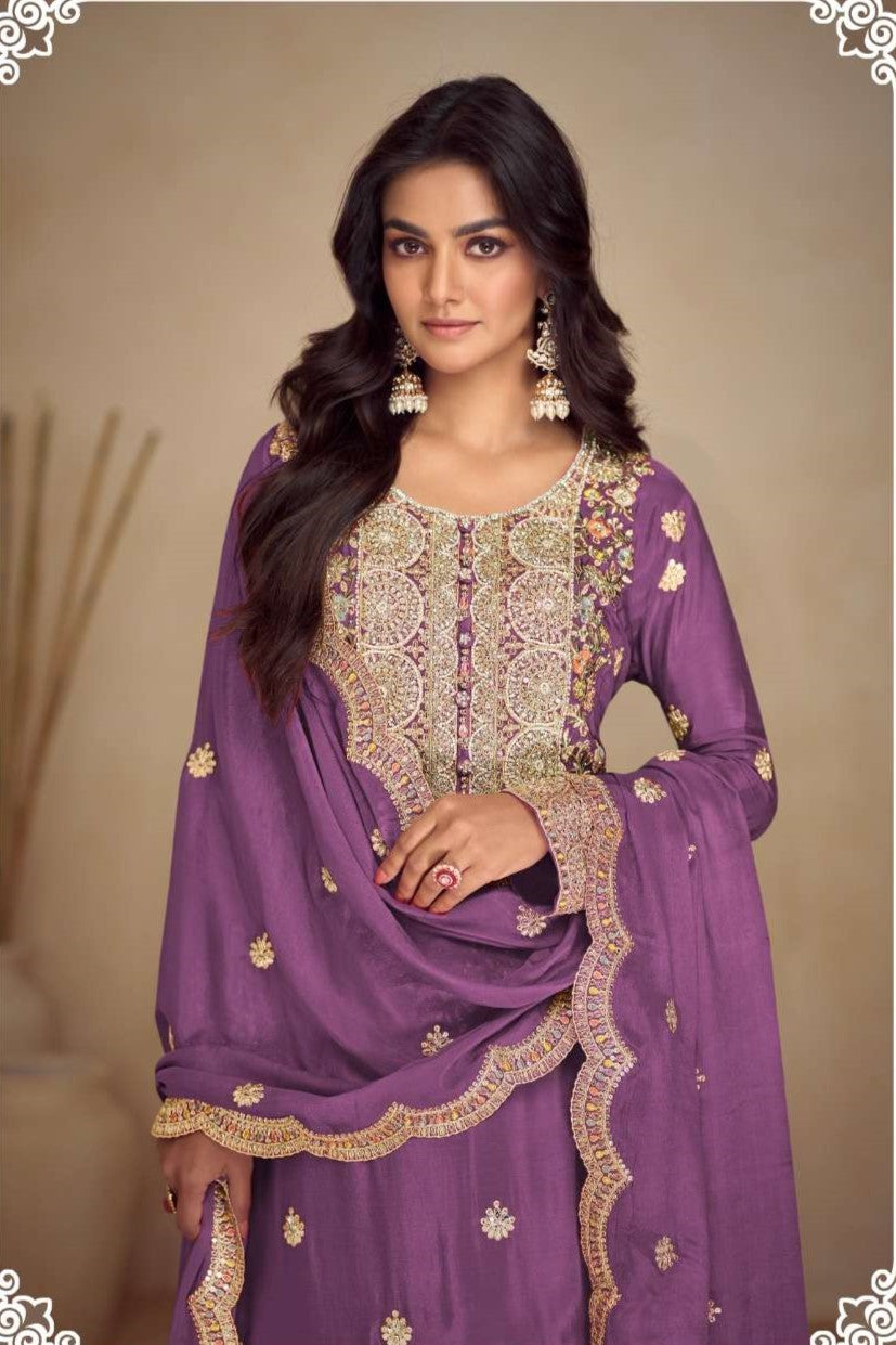 Purple Chinon Silk Thread Work Plazo Dress for Women