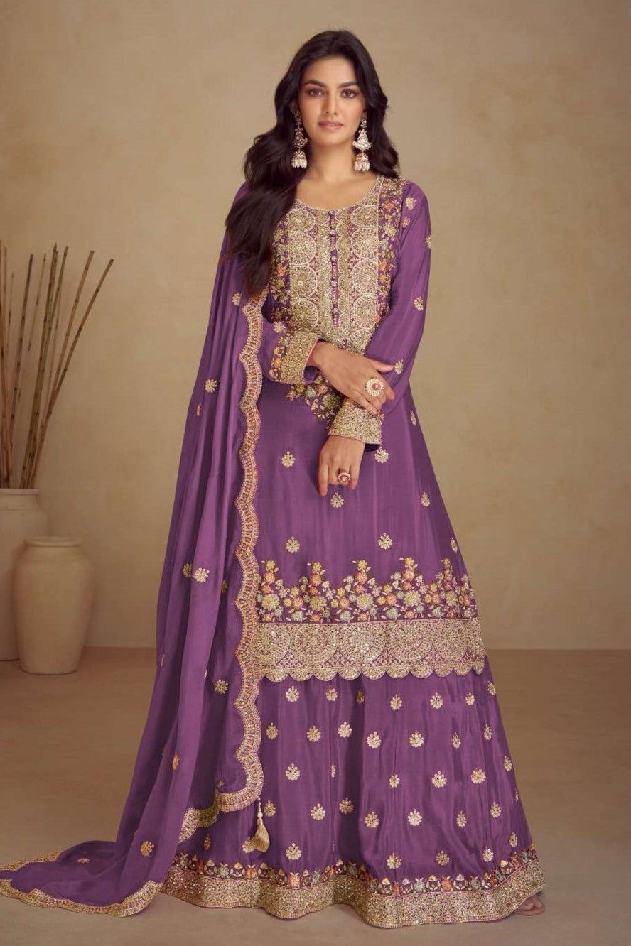 Purple Chinon Silk Thread Work Plazo Dress for Women
