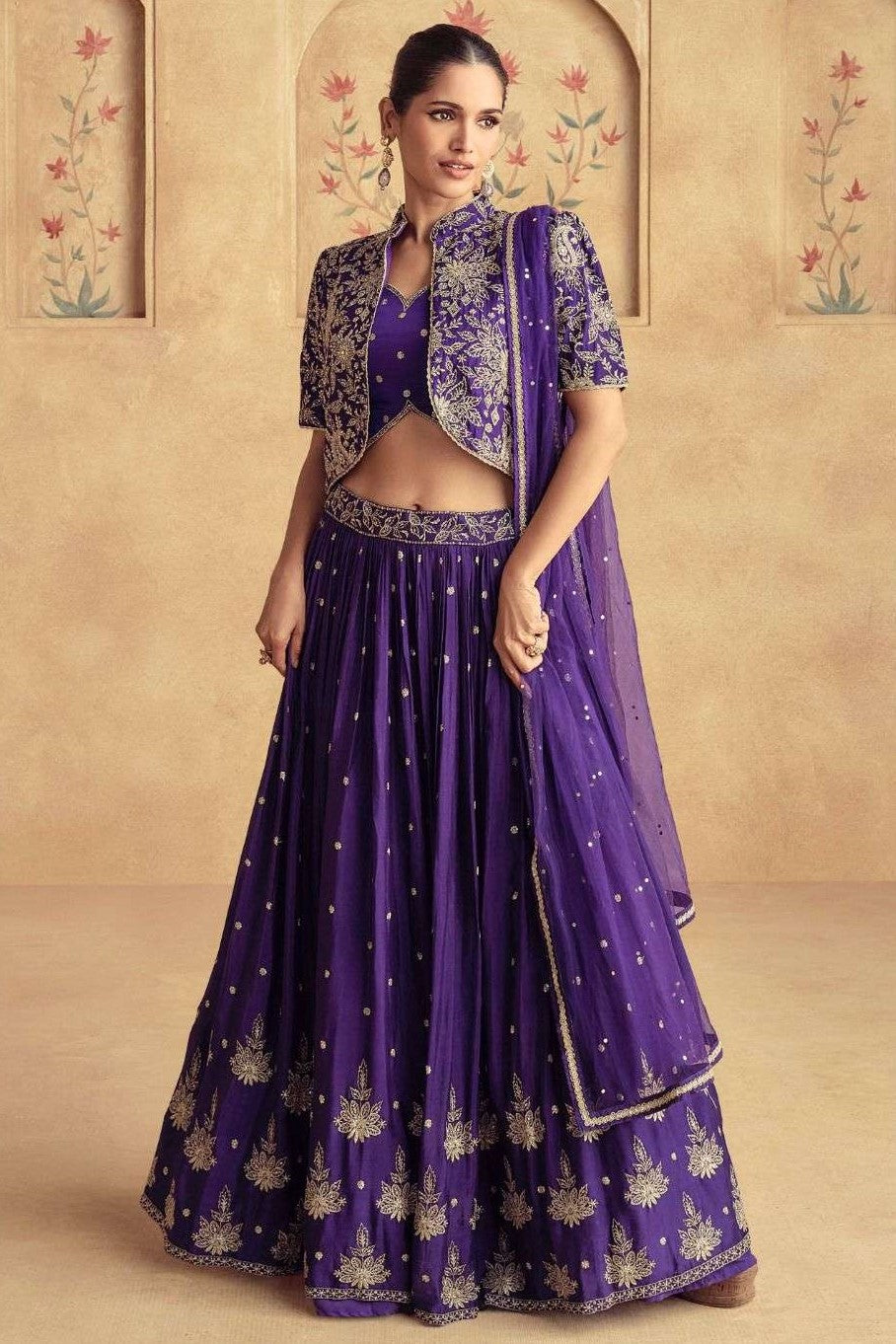 Purple Chinon Silk Wedding Guest Lehenga for Women with Embroidery Work