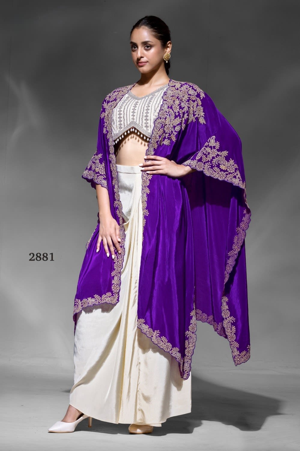 Purple Crepe Blouse With Skirt & Shrug For Indian & Pakistani Wedding Festival - Dori Work, Embroidery Work