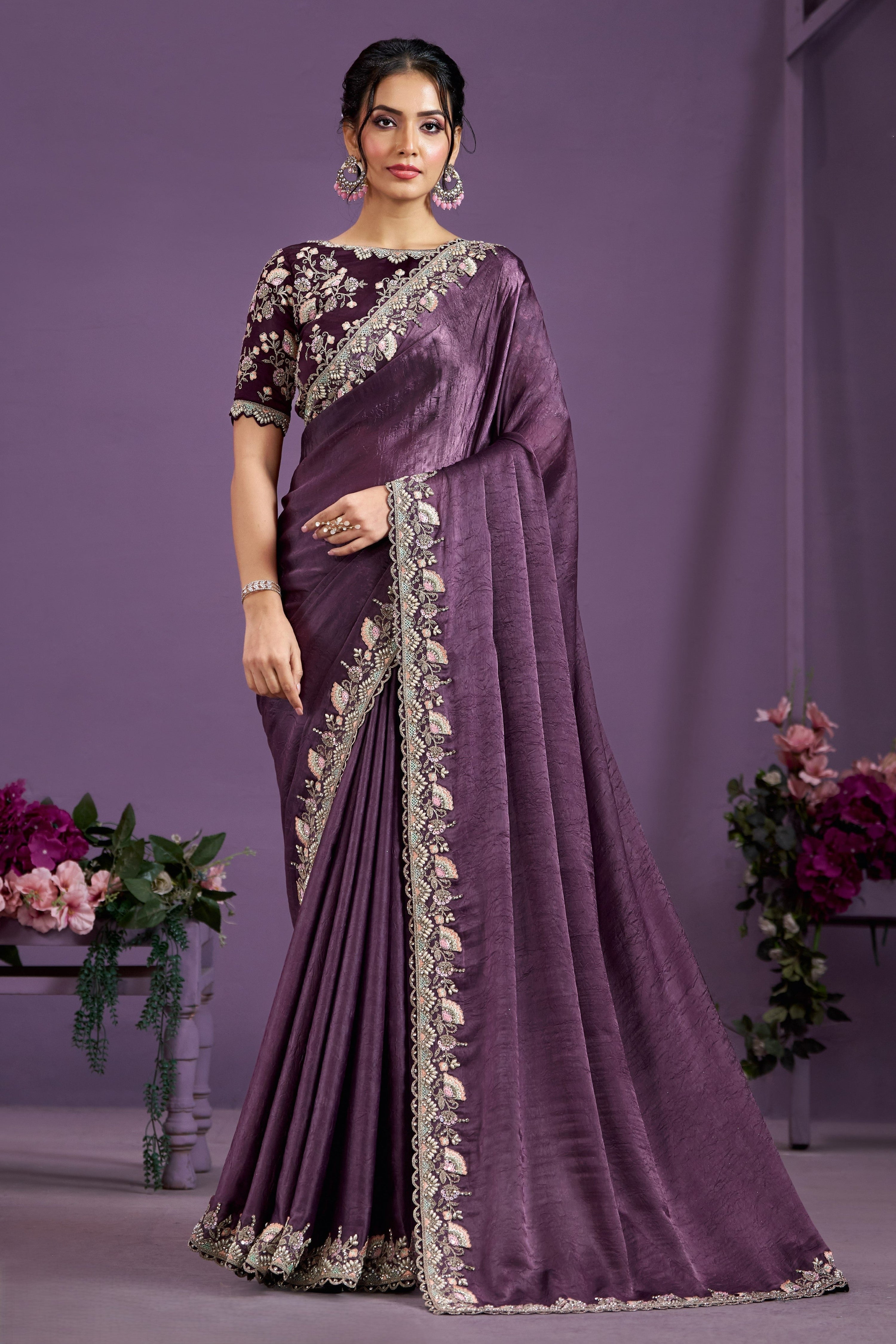 Purple Crepe Satin Crush Silk Saree With Stitched Blouse For Indian & Pakistani Wedding Festival - Sequence Embroidery Work, Stone Work
