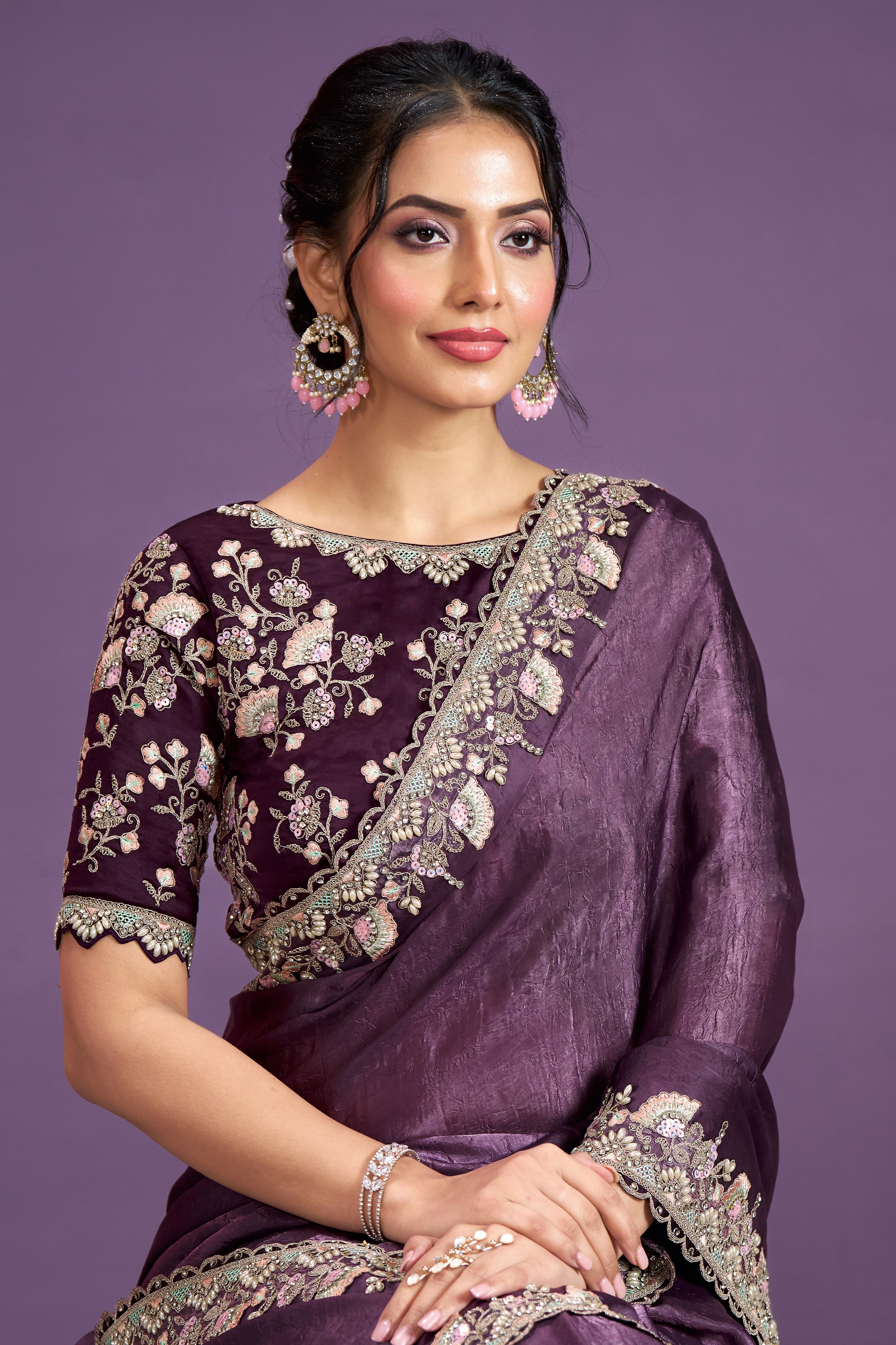 Purple Crepe Satin Crush Silk Saree With Stitched Blouse For Indian & Pakistani Wedding Festival - Sequence Embroidery Work, Stone Work