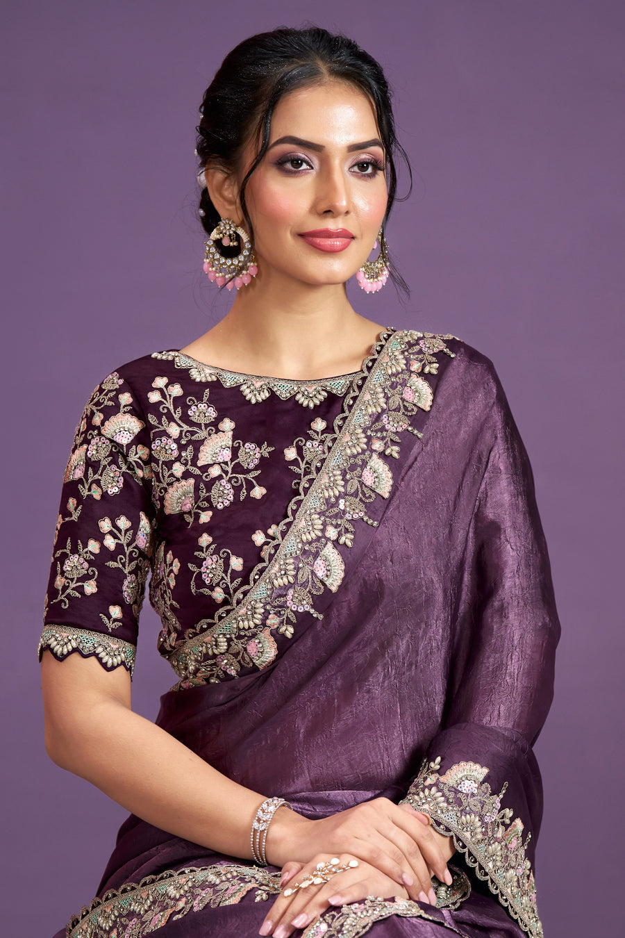 Purple Crepe Satin Crush Silk Saree With Stitched Blouse For Indian & Pakistani Wedding Festival - Sequence Embroidery Work, Stone Work