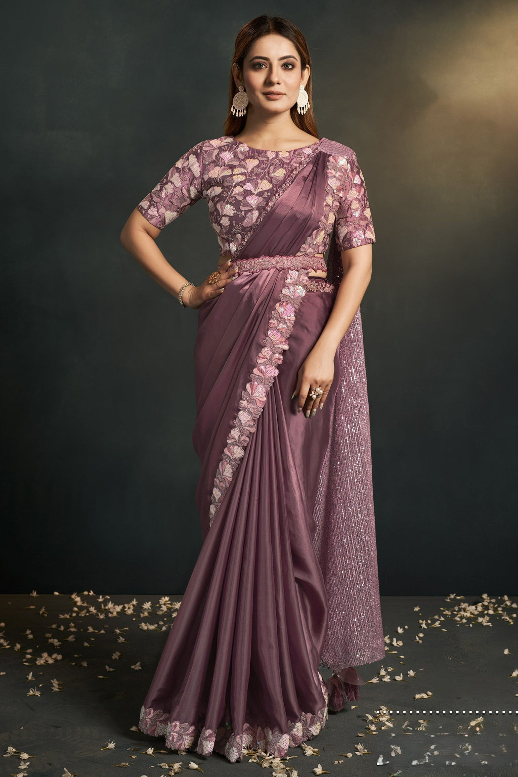 Purple Crepe Satin Silk Partywear Saree With Stitched Blouse For Indian & Pakistani Wedding Festival - Sequence Embroidery Work, Thread Embroidery Work, Stone Work