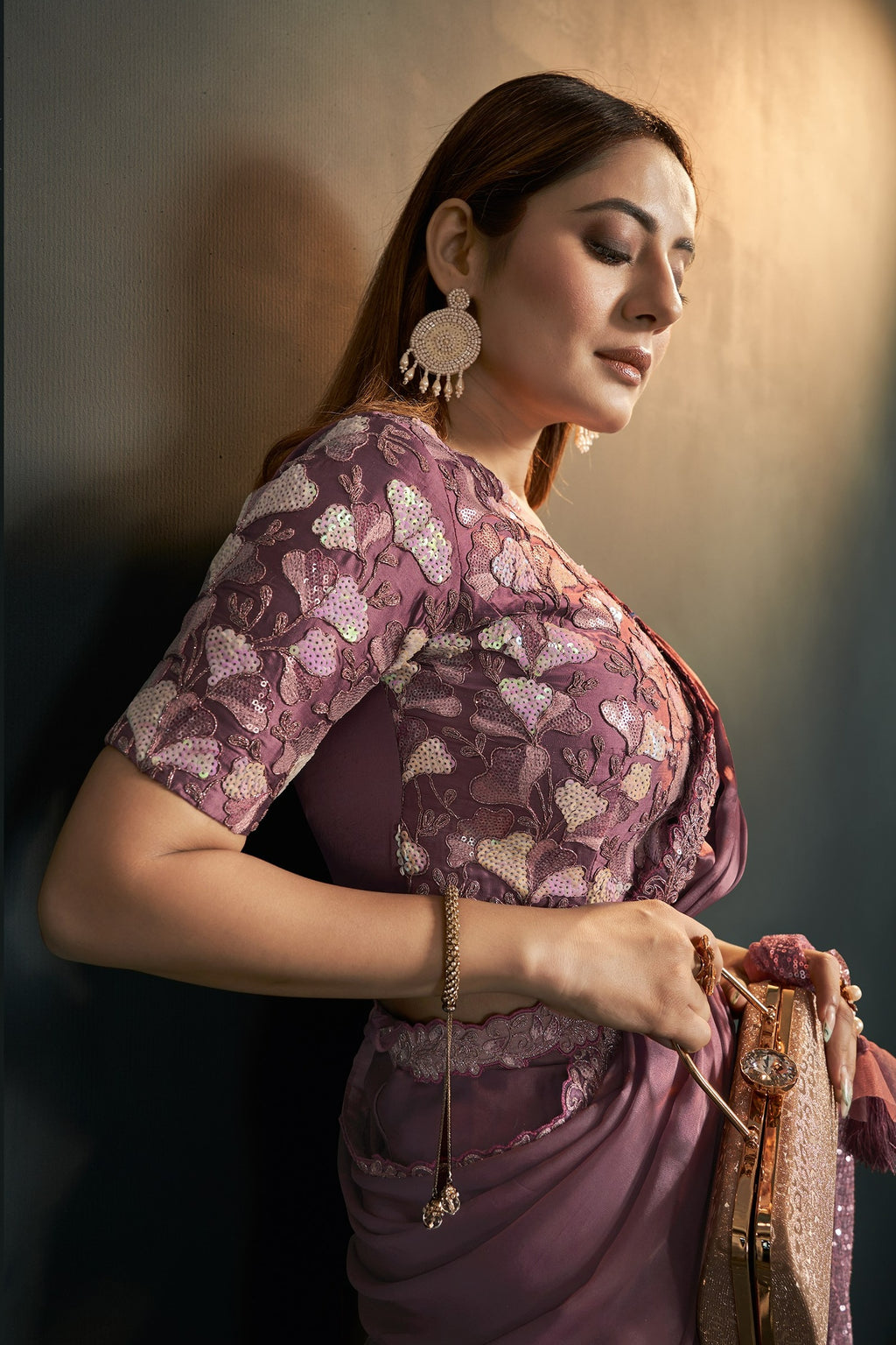 Purple Crepe Satin Silk Partywear Saree With Stitched Blouse For Indian & Pakistani Wedding Festival - Sequence Embroidery Work, Thread Embroidery Work, Stone Work