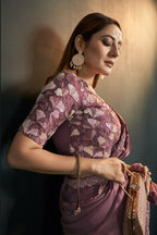 Purple Crepe Satin Silk Partywear Saree With Stitched Blouse For Indian & Pakistani Wedding Festival - Sequence Embroidery Work, Thread Embroidery Work, Stone Work