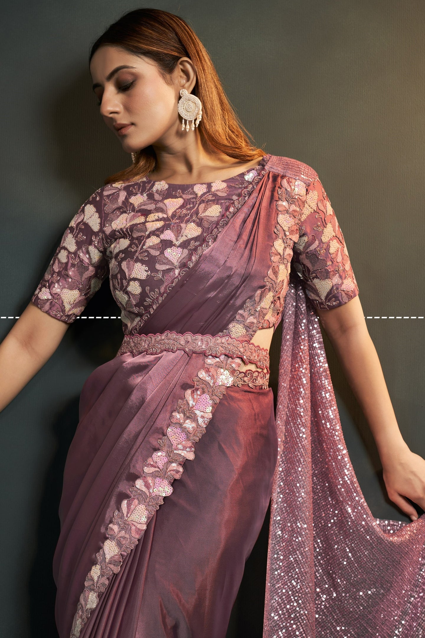 Purple Crepe Satin Silk Partywear Saree With Stitched Blouse For Indian & Pakistani Wedding Festival - Sequence Embroidery Work, Thread Embroidery Work, Stone Work