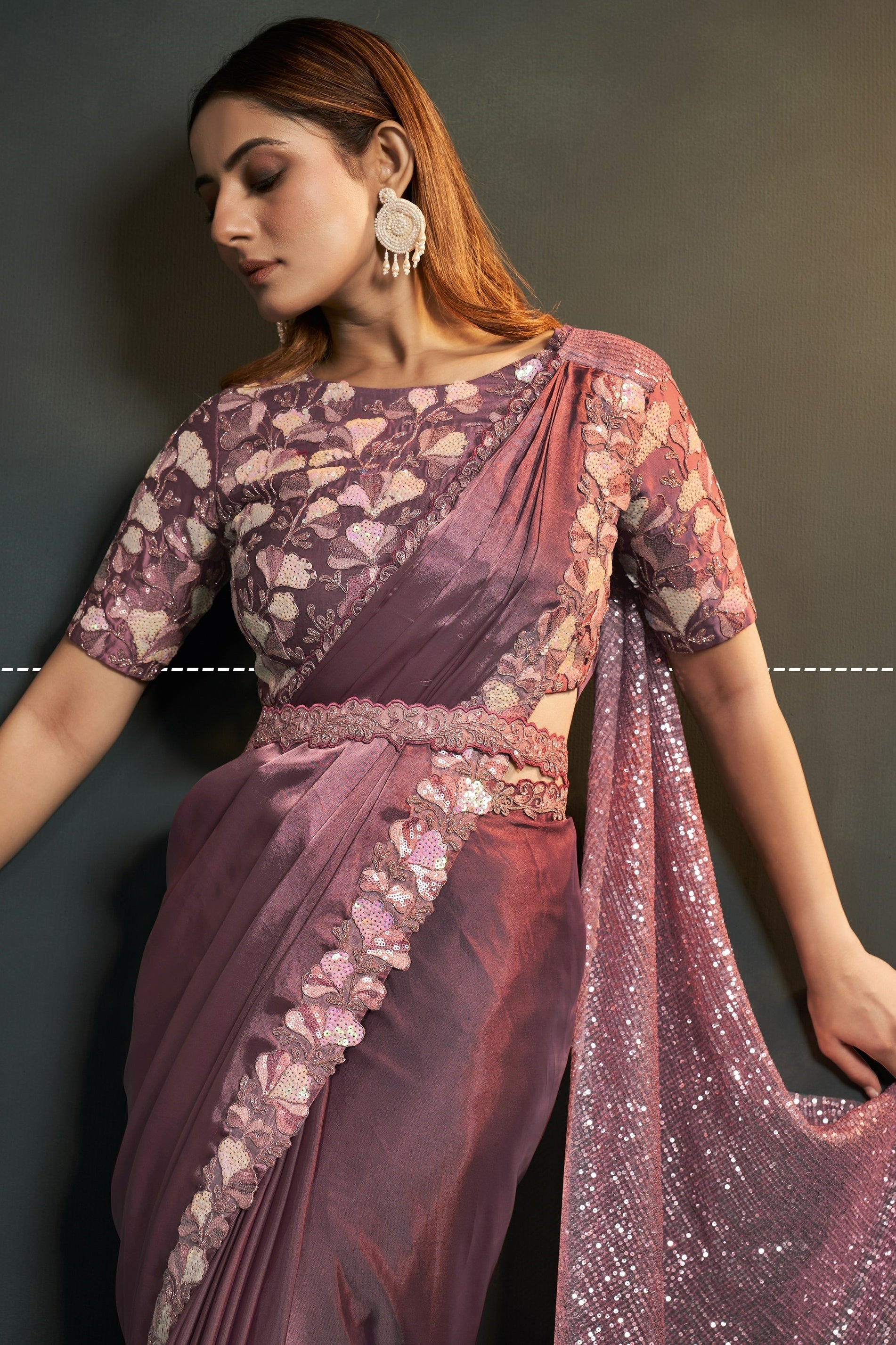 Purple Crepe Satin Silk Partywear Saree With Stitched Blouse For Indian & Pakistani Wedding Festival - Sequence Embroidery Work, Thread Embroidery Work, Stone Work