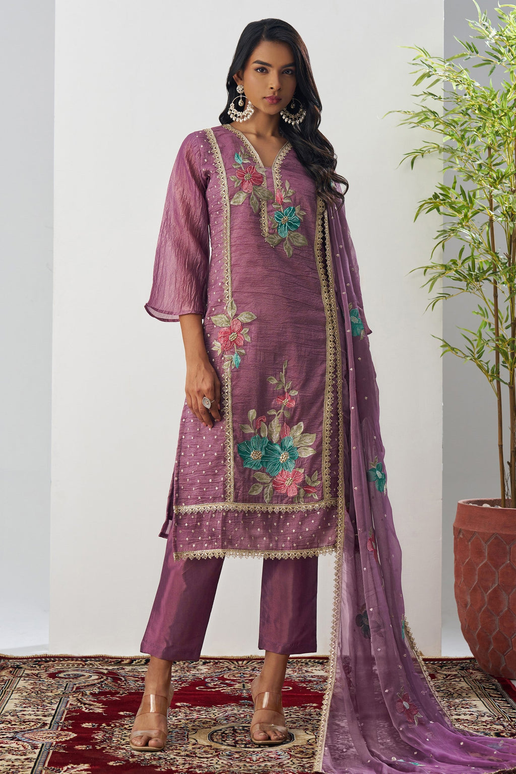 Purple Crush Silk Straight Suit Kameez With Pant For Indian & Pakistani Wedding Festival - Embroidery Work