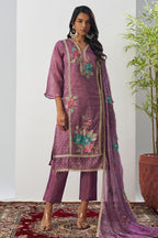 Purple Crush Silk Straight Suit Kameez With Pant For Indian & Pakistani Wedding Festival - Embroidery Work