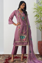 Purple Crush Silk Straight Suit Kameez With Pant For Indian & Pakistani Wedding Festival - Embroidery Work