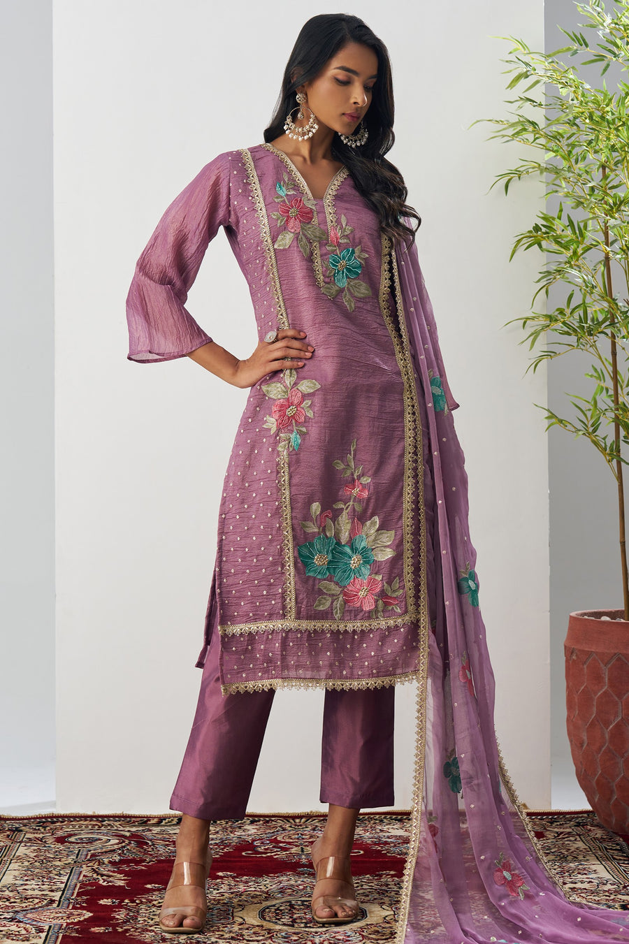 Purple Crush Silk Straight Suit Kameez With Pant For Indian & Pakistani Wedding Festival - Embroidery Work