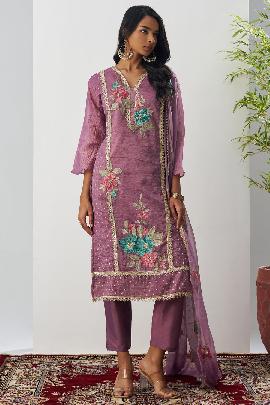 Purple Crush Silk Straight Suit Kameez With Pant For Indian & Pakistani Wedding Festival - Embroidery Work