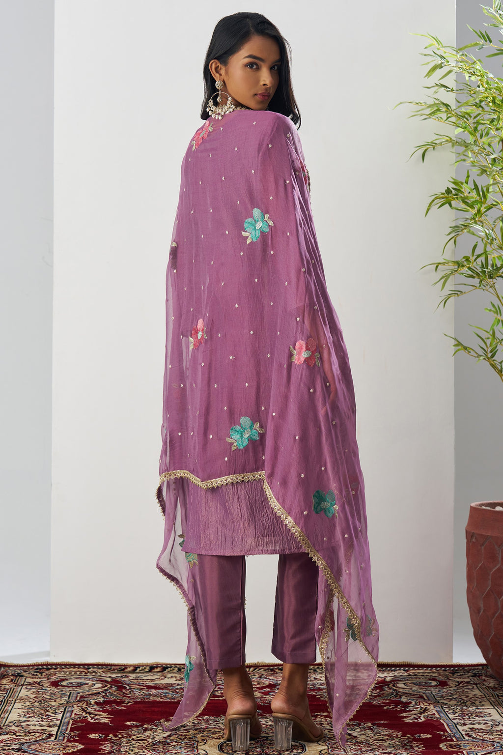 Purple Crush Silk Straight Suit Kameez With Pant For Indian & Pakistani Wedding Festival - Embroidery Work