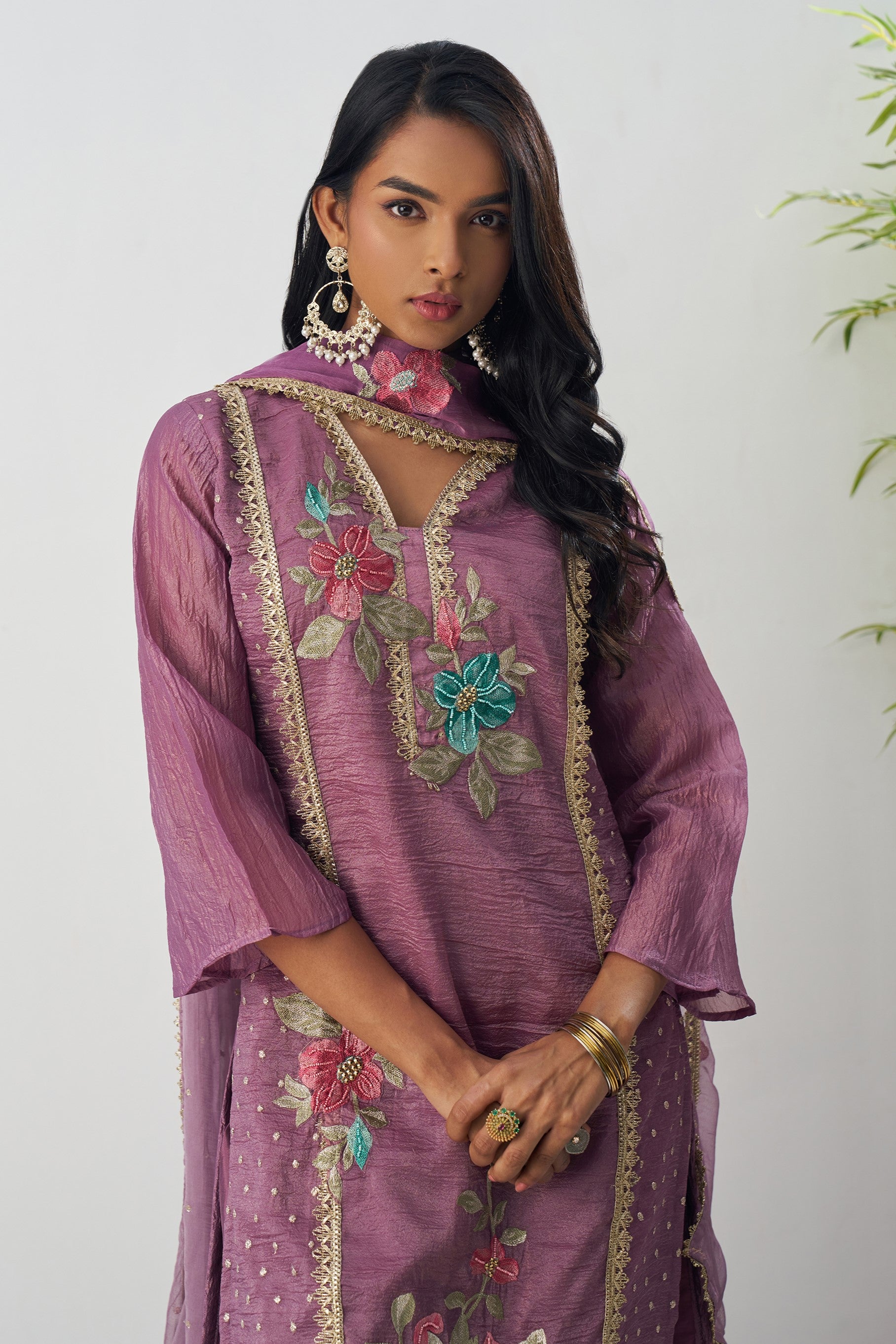 Purple Crush Silk Straight Suit Kameez With Pant For Indian & Pakistani Wedding Festival - Embroidery Work