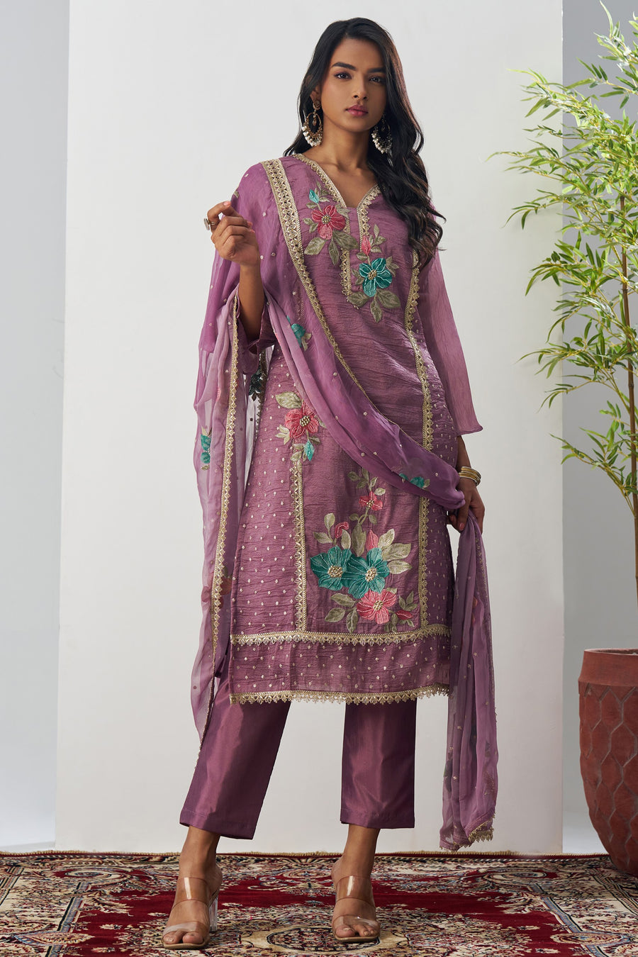 Purple Crush Silk Straight Suit Kameez With Pant For Indian & Pakistani Wedding Festival - Embroidery Work