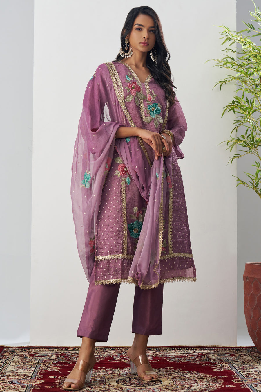 Purple Crush Silk Straight Suit Kameez With Pant For Indian & Pakistani Wedding Festival - Embroidery Work