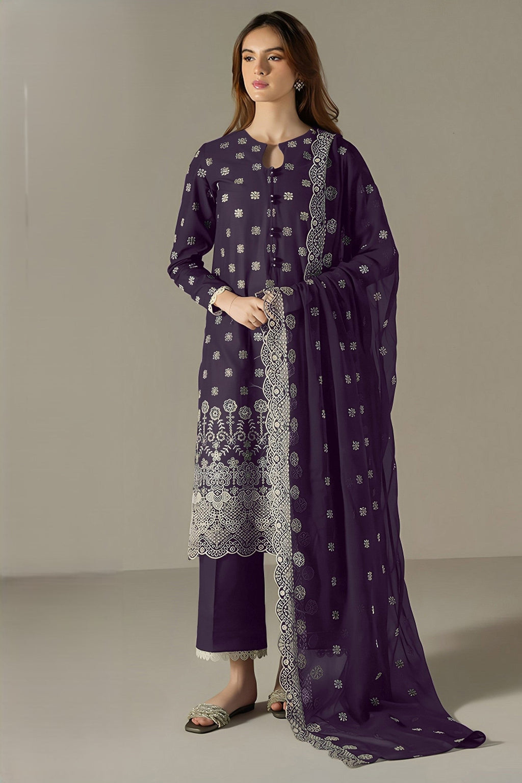 Purple Georgette Kameez With Pant For Indian & Pakistani Wedding Festival - Embroidery Work