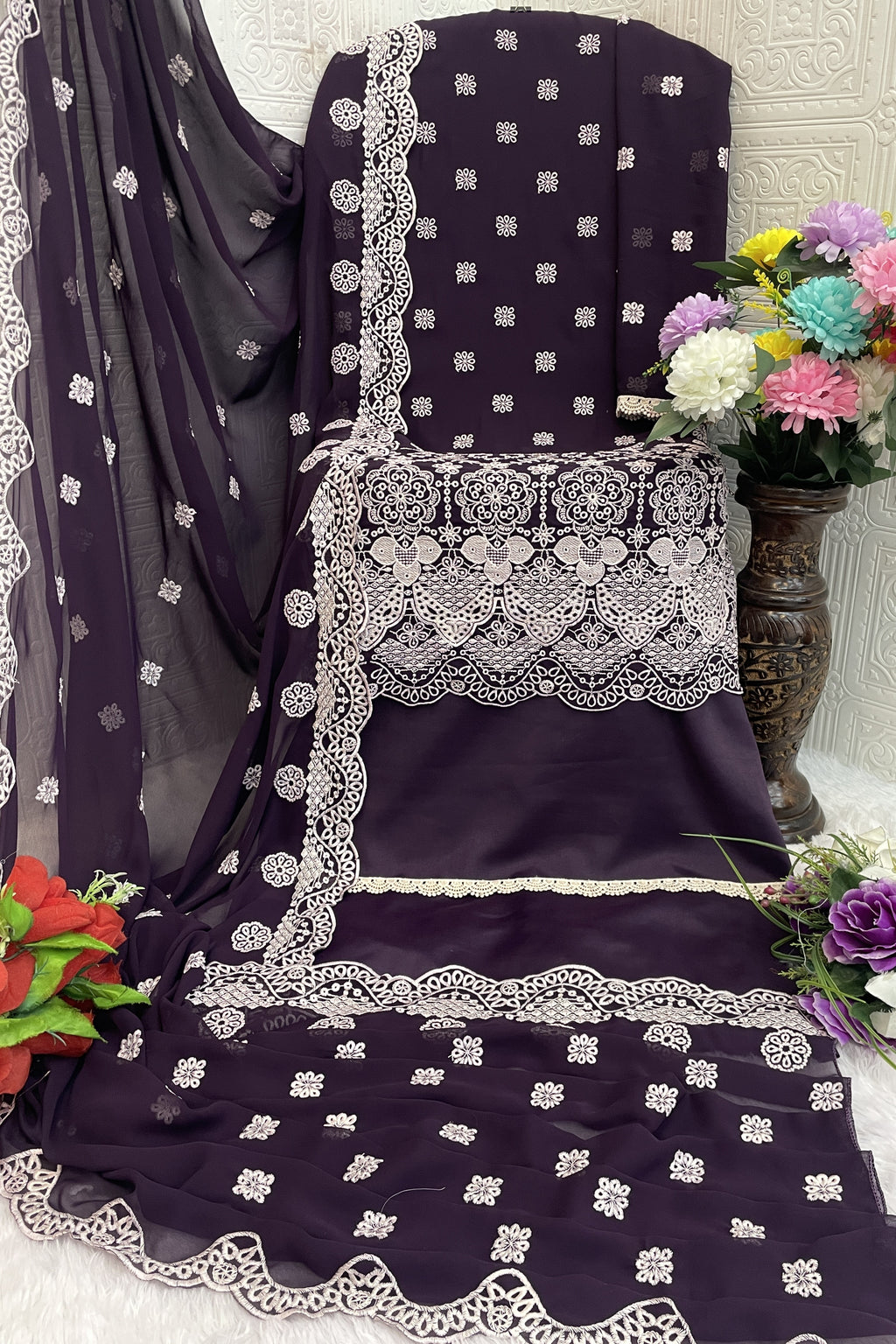 Purple Georgette Kameez With Pant For Indian & Pakistani Wedding Festival - Embroidery Work