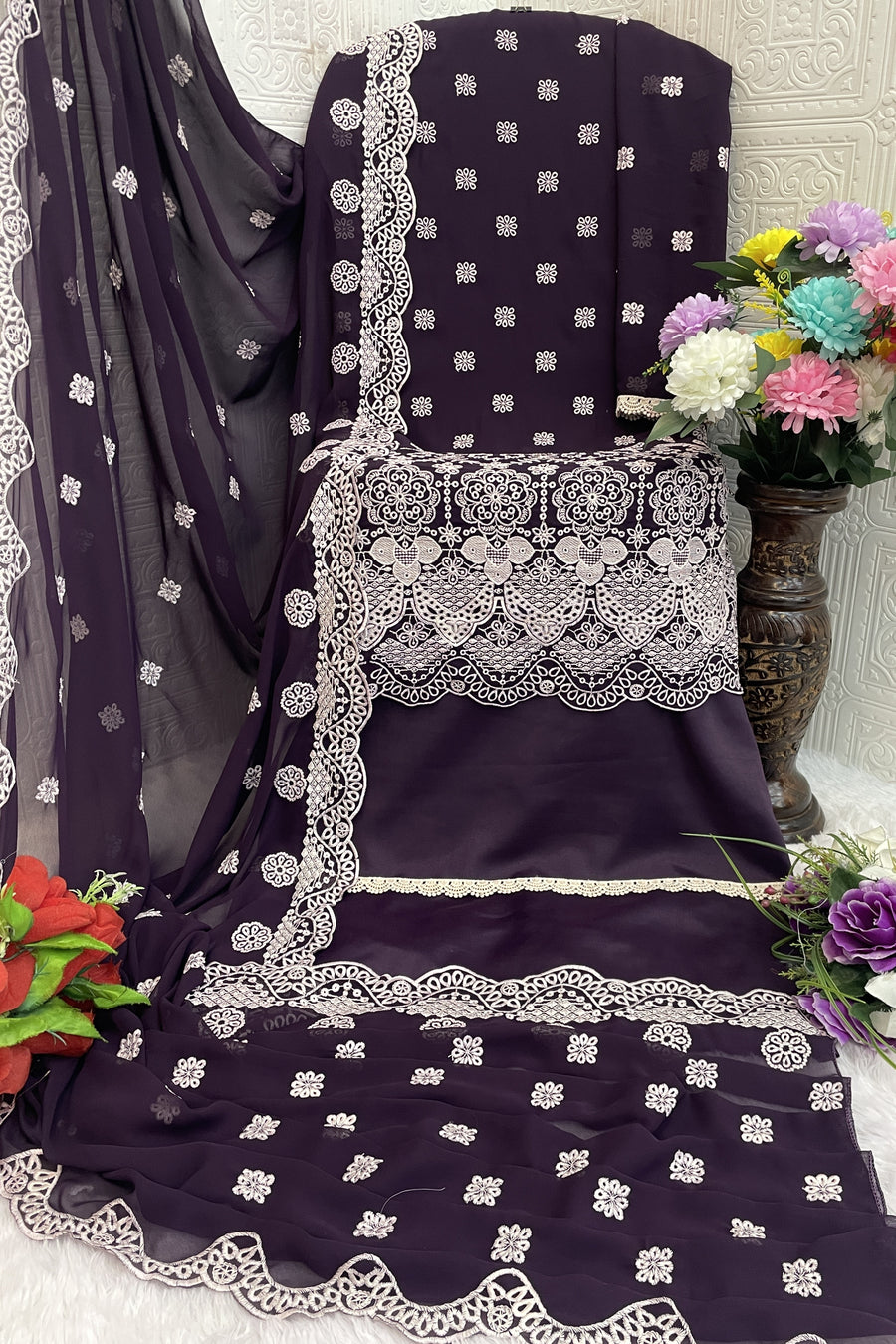 Purple Georgette Kameez With Pant For Indian & Pakistani Wedding Festival - Embroidery Work