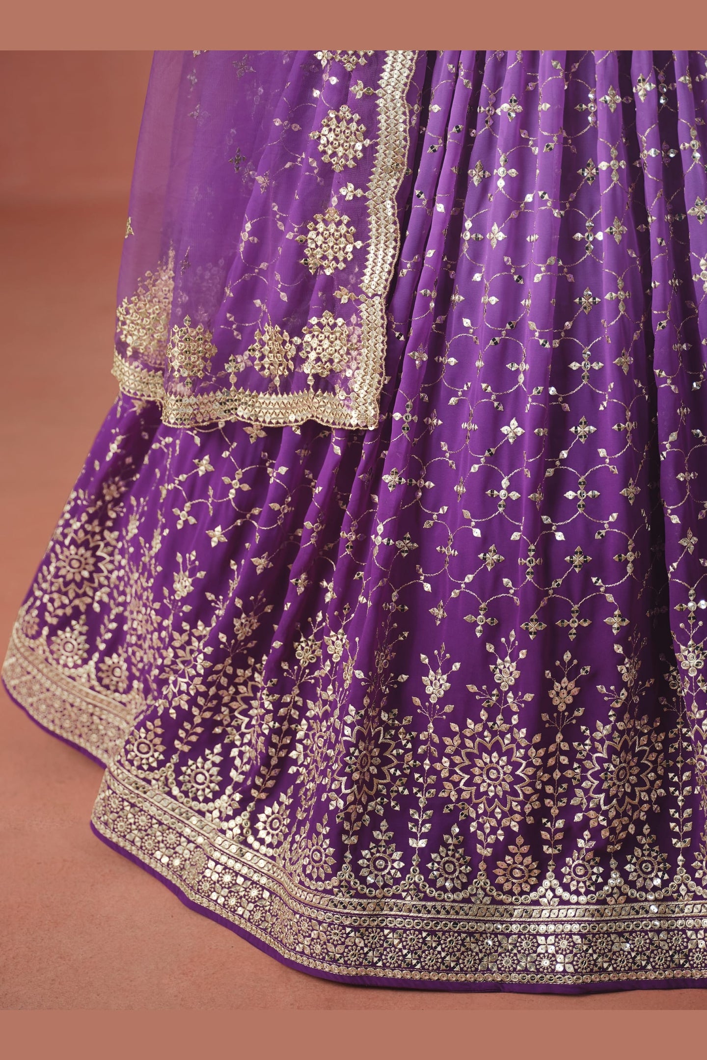 Purple Georgette Lehenga Choli For Indian & Pakistani Wedding Festival - Sequins & Thread Embroidery Work, Zari Work