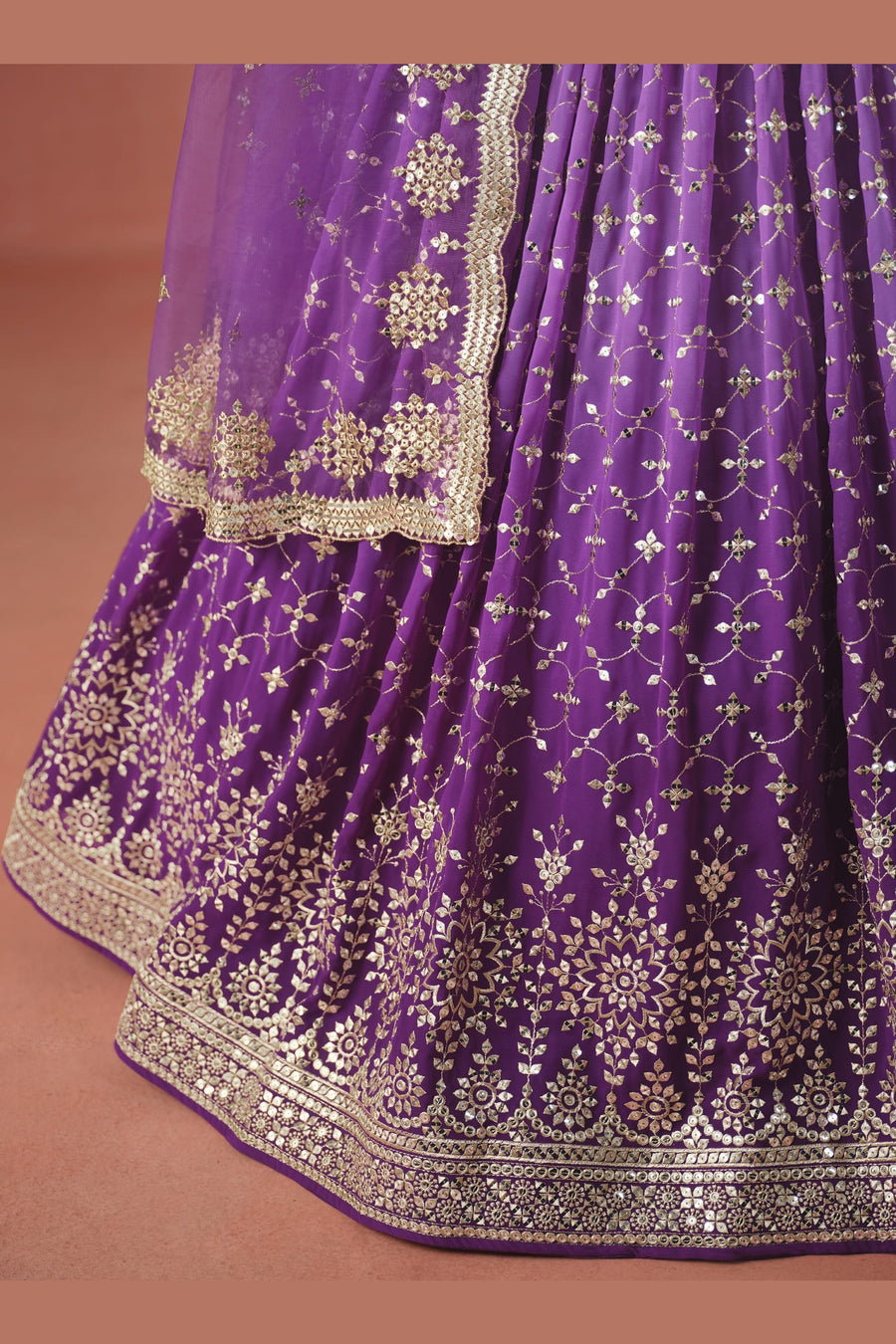 Purple Georgette Lehenga Choli For Indian & Pakistani Wedding Festival - Sequins & Thread Embroidery Work, Zari Work