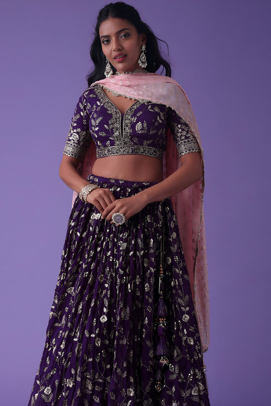 Purple Georgette Lehenga Choli For Indian & Pakistani Wedding Festival - Zari Work, Sequence Embroidery Work