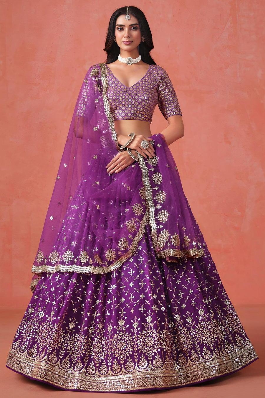 Purple Georgette Lehenga Choli For Indian & Pakistani Wedding Festival - Sequins & Thread Embroidery Work, Zari Work