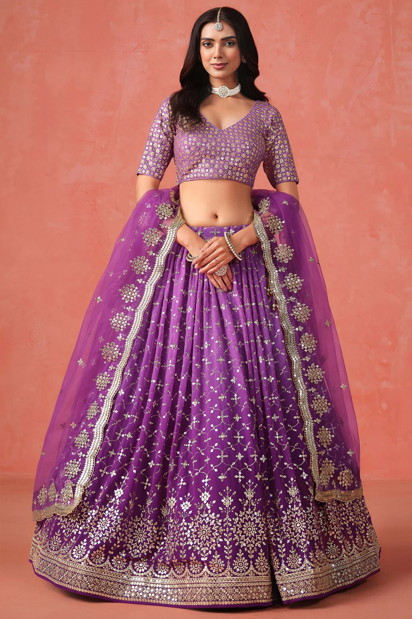 Purple Georgette Lehenga Choli For Indian & Pakistani Wedding Festival - Sequins & Thread Embroidery Work, Zari Work