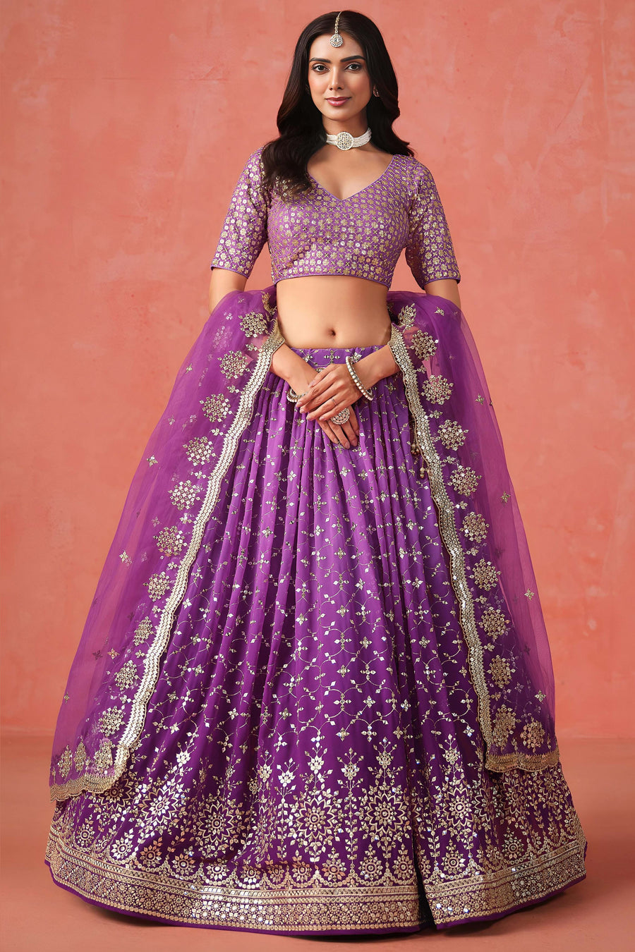 Purple Georgette Lehenga Choli For Indian & Pakistani Wedding Festival - Sequins & Thread Embroidery Work, Zari Work