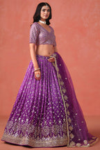 Purple Georgette Lehenga Choli For Indian & Pakistani Wedding Festival - Sequins & Thread Embroidery Work, Zari Work