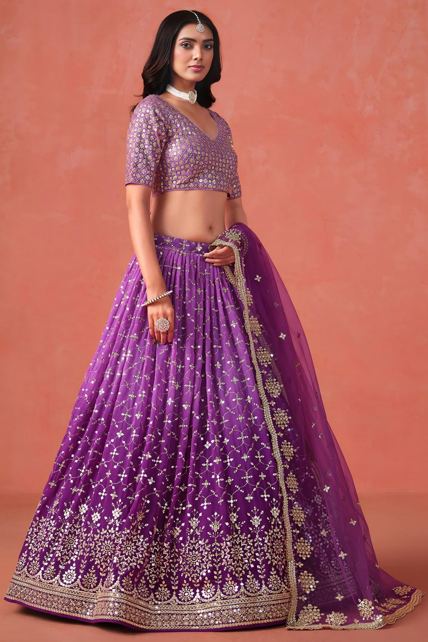Purple Georgette Lehenga Choli For Indian & Pakistani Wedding Festival - Sequins & Thread Embroidery Work, Zari Work