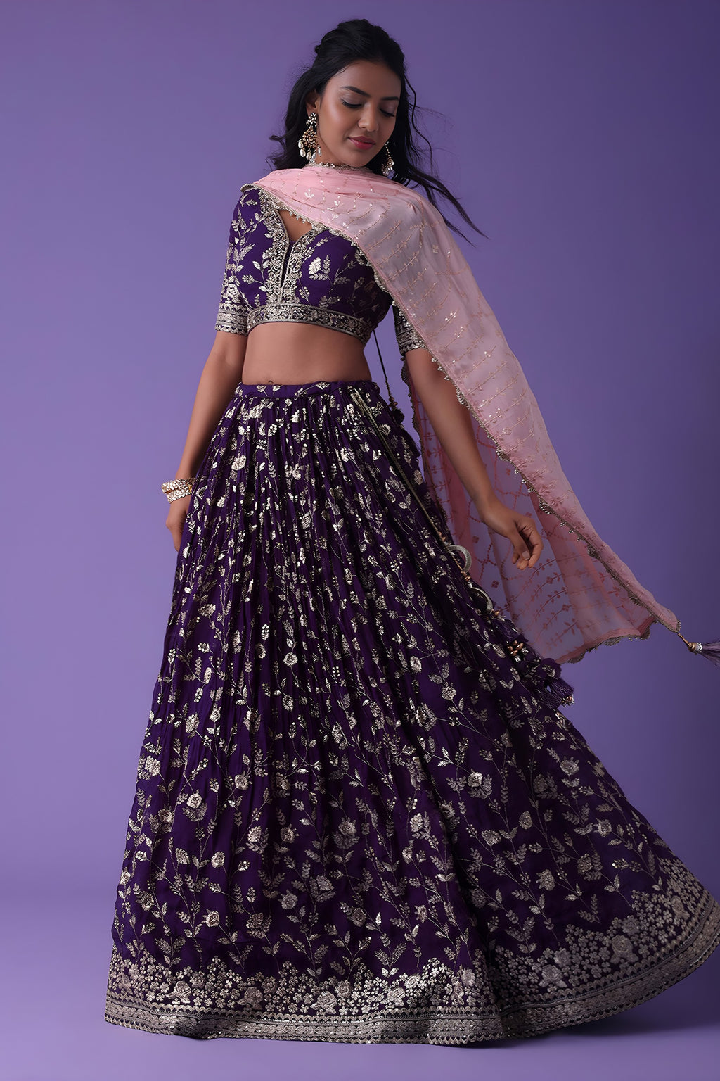 Purple Georgette Lehenga Choli For Indian & Pakistani Wedding Festival - Zari Work, Sequence Embroidery Work