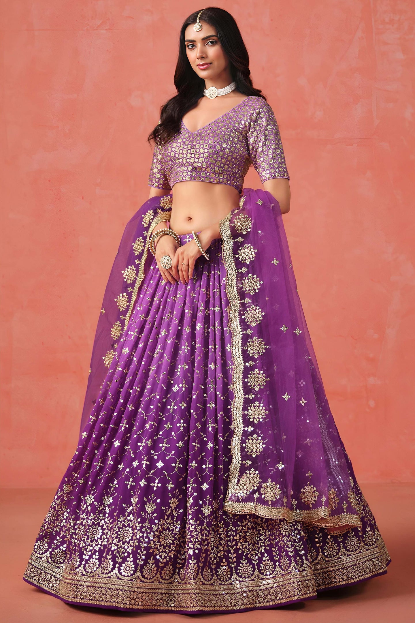 Purple Georgette Lehenga Choli For Indian & Pakistani Wedding Festival - Sequins & Thread Embroidery Work, Zari Work